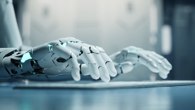 Robotska ruka sa svetlećim detaljima iznad radne površine u modernom tehnološkom okruženju