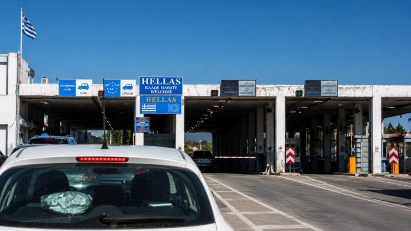 Automobil čeka na graničnom prelazu između Srbije i Grčke, prikaz putovanja sopstvenim vozilom prema grčkim letovalištima