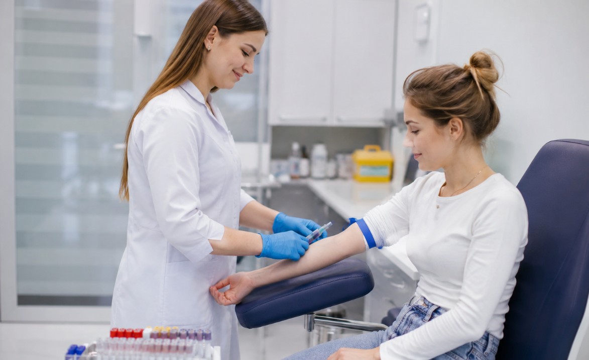 Zdravstveni radnik u belom mantilu uzima uzorak krvi pacijentkinji u svetloj i urednoj medicinskoj ordinaciji.